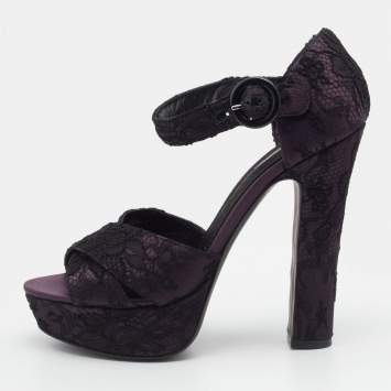 Pre Owned Dolce & Gabbana Purple/Black Satin And Lace Platform Ankle Strap Sandals Size 40