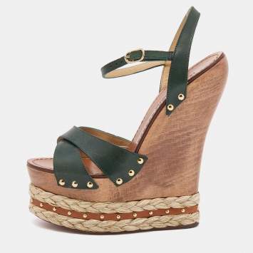 Pre Owned Dolce & Gabbana Green Leather Ankle Strap Raffia Wooden Heel Platform Wedge Sandals Size 38