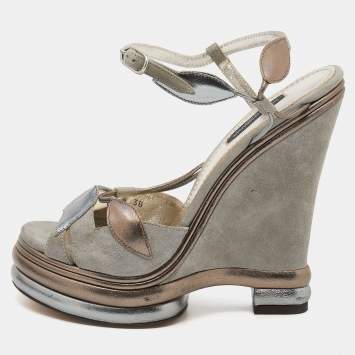 Pre Owned Dolce & Gabbana Grey Suede And Leather Leaf Applique Wedge Ankle Strap Sandals Size 38