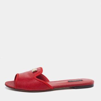 Pre Owned Dolce & Gabbana Red Lizard Embossed Leather Flat Slides Size 39