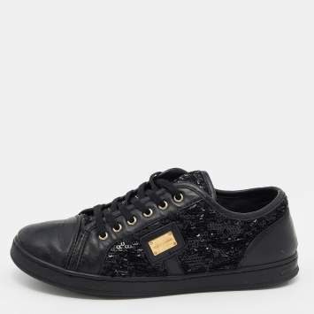 Pre Owned Dolce & Gabbana Black Leather And Sequins Cap Toe Low Top Sneakers Size 37