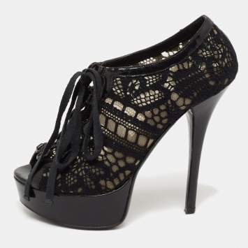Pre Owned Dolce & Gabbana Black Lace and Patent Leather Lace-Up Peep-Toe Platform Booties Size 37.5
