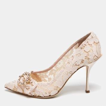 Pre Owned Dolce & Gabbana Pink Lace Jeweled Embellishment Pointed Toe Pumps Size 39