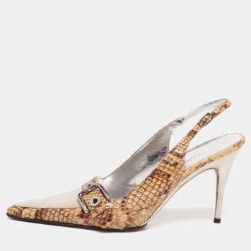 Pre Owned Dolce & Gabbana Beige/Grey Python Leather And Eel Belt Detail Pointed Toe Slingback Sandals Size 38.5