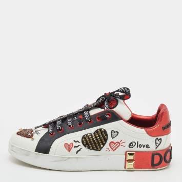 Pre Owned Dolce & Gabbana White/Red Leather Amore Heart Embroidered Low Top Sneakers Size 41