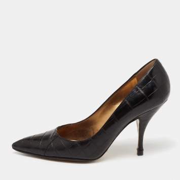 Pre Owned Dolce & Gabbana Black Croc Embossed Leather Pointed Toe Pumps Size 37.5