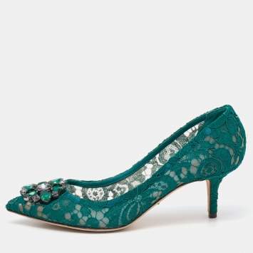 Pre Owned Dolce & Gabbana Green Lace Bellucci Jeweled Embellishment Pointed Toe Pumps Size 40