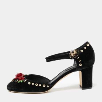 Pre Owned Dolce & Gabbana Black Velvet Studded and Rose Embellished Ankle-Strap Pumps Size 40