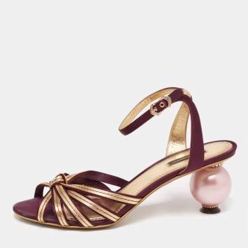 Pre Owned Dolce & Gabbana Gold/Purple Leather and Satin Ornate Sandals Size 40