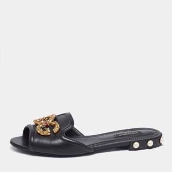 Pre Owned Dolce & Gabbana Black Leather DG Amore Logo Embellished Flat Slide Sandals Size 38