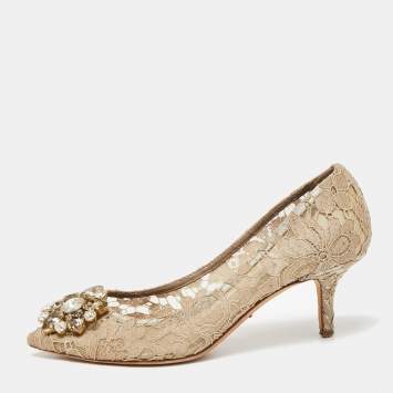 Pre Owned Dolce & Gabbana Beige Lace Bellucci Crystal Embellished Pointed Toe Pumps Size 36