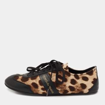 Pre Owned Dolce & Gabbana Black/Brown Leopard Print Canvas And Leather Low Top Sneakers Size 38