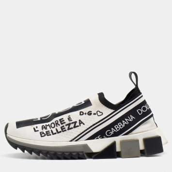 Pre Owned Dolce & Gabbana Black/White Graffiti Stretch Fabric Sorrento Slip On Sneakers Size 36