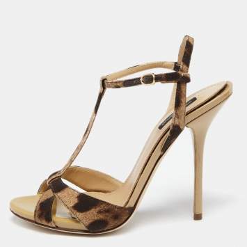 Pre Owned Dolce & Gabbana Brown Leopard Printed Canvas Ankle Strap Sandals Size 39