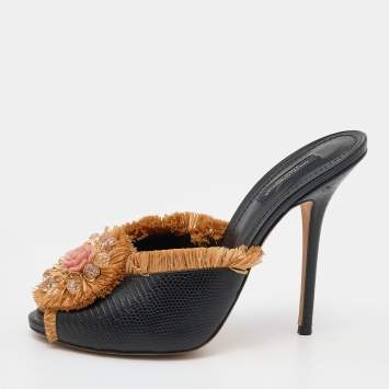 Pre Owned Dolce & Gabbana Black Lizard Embossed Leather and Straw Embellished Sandals Size 40