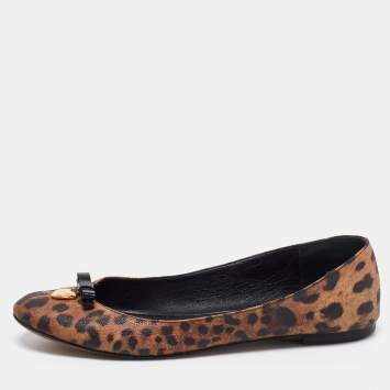 Pre Owned Dolce & Gabbana Brown Leopard Print Coated Canvas Bow Detail Ballet Flats Size 39