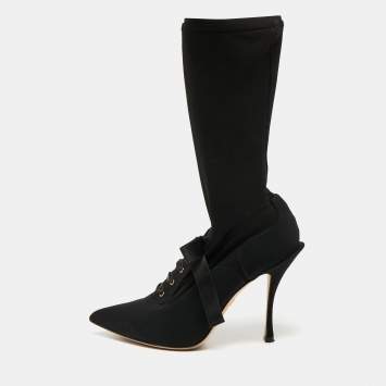 Pre Owned Dolce & Gabbana Black Stretch Fabric Mild Calf Boots Size 37.5
