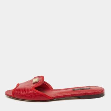 مملوكة مسبقًا Dolce & Gabbana Red Lizard Embossed Leather Flat Slides Size 37.5