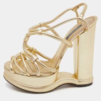 Pre Owned Dolce & Gabbana Metallic Gold Leather Strappy Block Heel  Platform Sandals Size 37.5