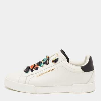 Pre Owned Dolce & Gabbana White Leather Printed Lace Low Top Sneakers Size 39