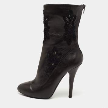 Pre Owned Dolce & Gabbana Black Leather and Lace Mid Calf Boots Size 39
