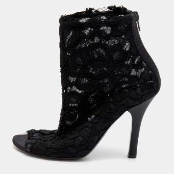 Pre Owned Dolce & Gabbana Black Lace Peep Toe Booties Size 36