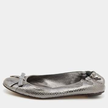 Pre Owned Dolce & Gabbana Metallic Grey Snakeskin Bow Ballet Flats Size 36.5