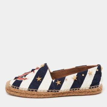 Pre Owned Dolce & Gabbana Navy Blue/White Striped Brocade Fabric Star Studded Anchor Flat Espadrilles Size 40