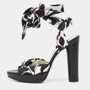 Pre Owned Dolce & Gabbana Black/White Printed Fabric Ankle Wrap Platform Sandals Size 41