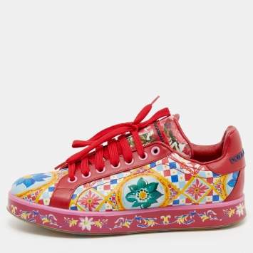 Pre Owned Dolce & Gabbana Multicolor Majolica Print Leather Low Top Sneakers Size 36