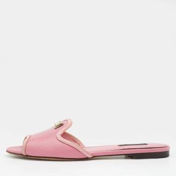 Pre Owned Dolce & Gabbana Pink Lizard Embossed Leather Flat Slides Size 36.5