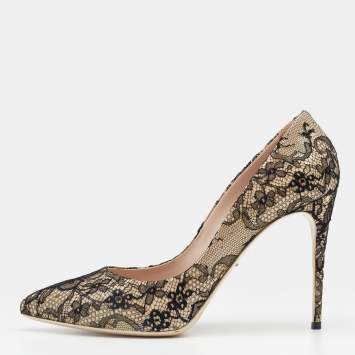 Pre Owned Dolce & Gabbana Black/Beige Floral Lace and Patent Leather Pointed Toe Pumps Size 40