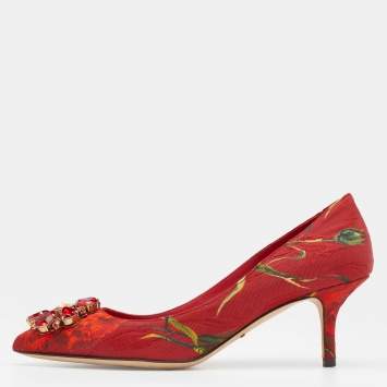 Pre Owned Dolce & Gabbana Red Floral Print Fabric Crystal Embellished Pumps Size 38