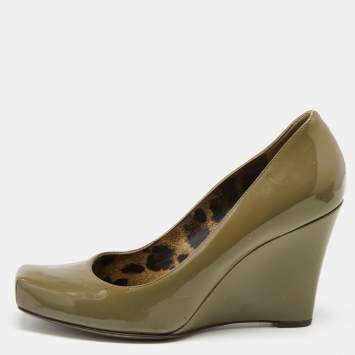 Pre Owned Dolce & Gabbana Olive Green Patent Leather Wedge  Pumps Size 38