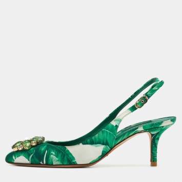 Pre Owned Dolce & Gabbana Green/White Banana Leaf-Print Fabric Crystal Embellished Slingback Sandals Size 37.5