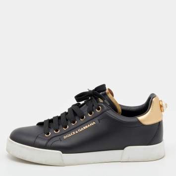 Pre Owned Dolce & Gabbana Black/Gold Leather Portofino Pearl Embellished Low Top Sneakers Size 40