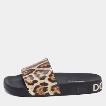 Pre Owned Dolce & Gabbana Brown Leopard Print Leather Flat Slides Size 37