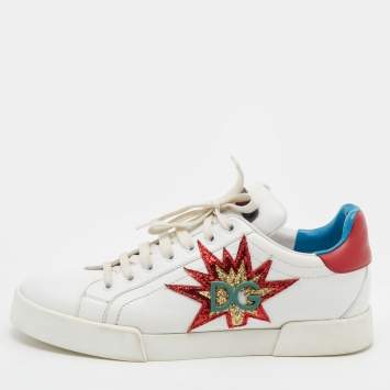 Pre Owned Dolce & Gabbana White/Red Leather Glitter Logo Portofino Low Top Sneakers Size 40