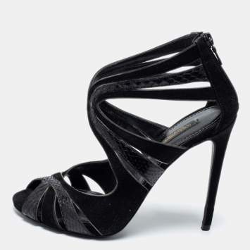 Pre Owned Dolce & Gabbana Black Suede And Python Cut Out Sandals Size 38