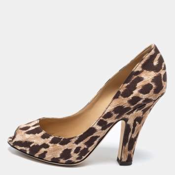 Pre Owned Dolce & Gabbana Brown Leopard Print Canvas Peep Toe Pumps Size 36.5
