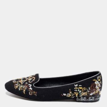 Pre Owned Dolce & Gabbana Black Fabric And Sequin Embroidered Smoking Slippers Size 40