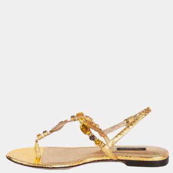 Pre Owned Dolce & Gabbana Metallic Gold Tone Crystal Embellished Thongs EU 36