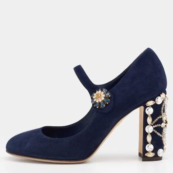 مملوكة مسبقًا Dolce & Gabbana Navy Blue Suede Crystal Embellished Block Heel Mary Jane Pumps Size 36