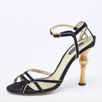 Pre Owned Dolce & Gabbana Black/Gold Suede And Leather Trim Strappy Sandals Size 36