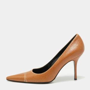 Pre Owned Dolce & Gabbana Brown Leather Stitch Detail Pointed Toe Pumps Size 37