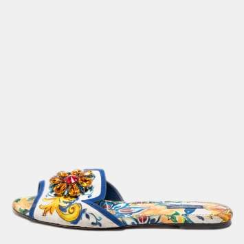 Pre Owned Dolce & Gabbana Multicolor Floral Brocade Fabric Embellished Flat Sandals Size 40