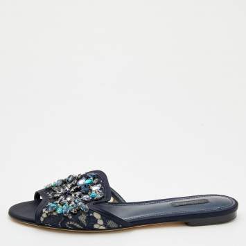 Pre Owned Dolce & Gabbana Navy Blue Lace and Satin Crystal Embellished Bianca Flat Slides Size 40
