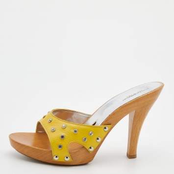 Pre Owned Dolce & Gabbana Yellow Leather Crystal Embellished Wooden Platform Slide Sandals Size 40