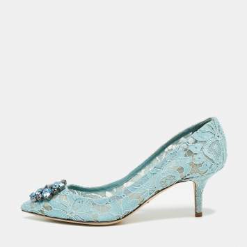 Pre Owned Dolce & Gabbana Blue Lace Crystal Brooch Embellished Bellucci Pumps Size 39