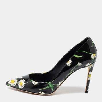 Pre Owned Dolce & Gabbana Black Patent Leather Sunflower Printed Pointed Toe Pump Size 38